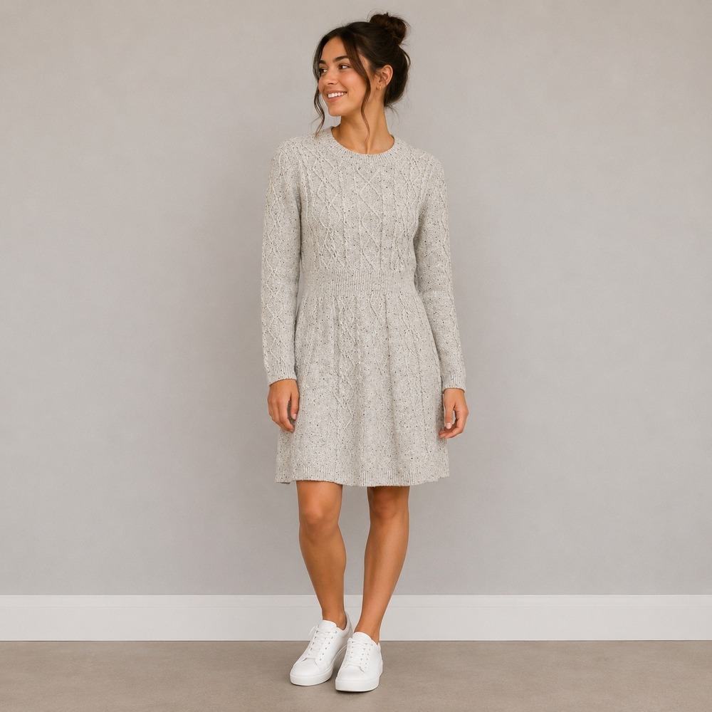 Lucky Brand Womens Grey Cable Knit Flecked Sweater Dress Large Long Sleeve Crew